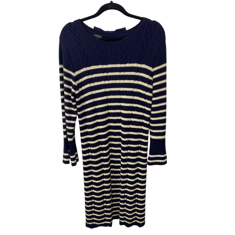 Talbots Stripe Sweater Dress Bell Sleeve Scoop Neck Bow Detail Midi Navy White L